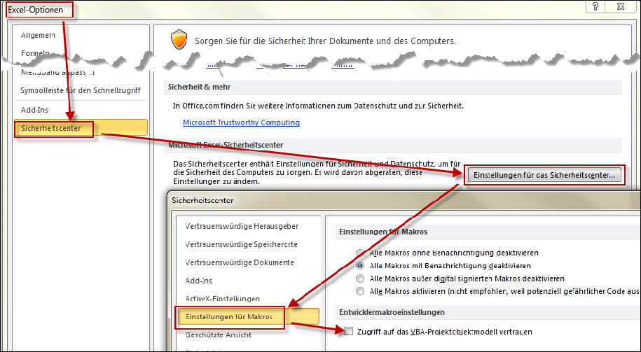 Excel 2010 Sicherheitscenter : Zugriff auf VBA-Projektmodell vertrauen