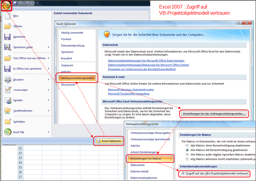 Excel 2007 : Zugriff auf VB-Projektobjektmodell vertrauen