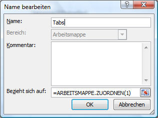 Namens-MAnager : Name TABS definieren mit Bezug auf =ARBEITSMAPPE.ZUORDNEN(1)